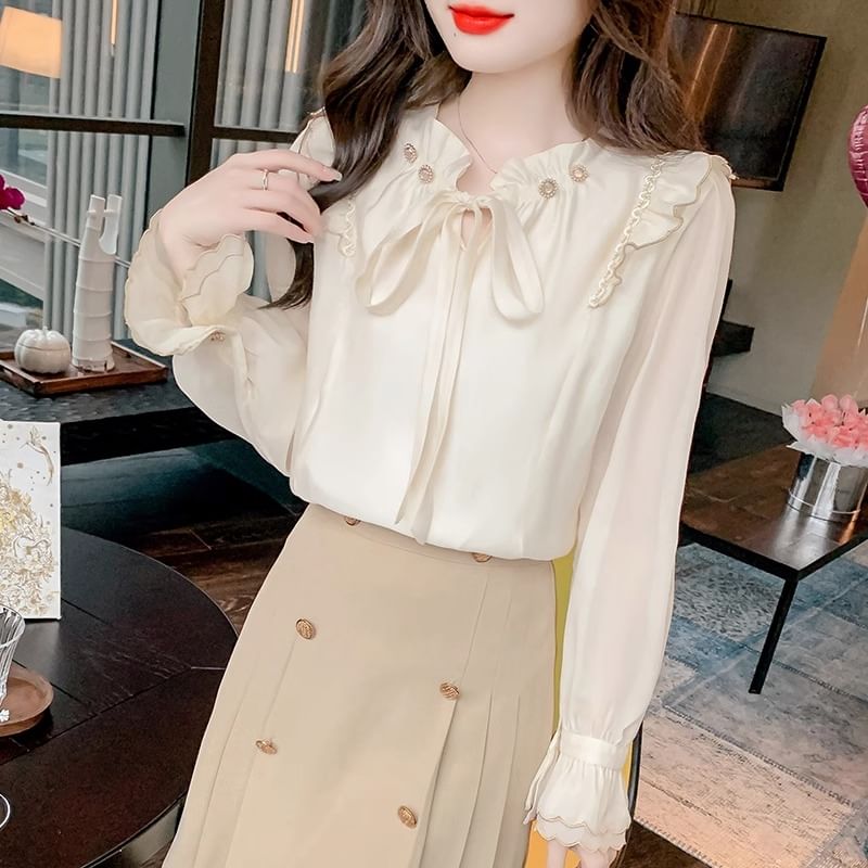 Dragan Pulse - Blouse met pofmouwen en hoge hals, effen, geplooid en strass steentjes