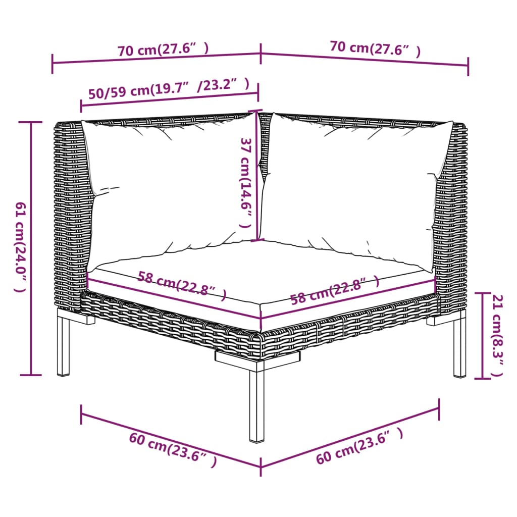 Salon de jardin meuble d'extérieur ensemble de mobilier 9 pièces avec coussins résine tressée gris foncé