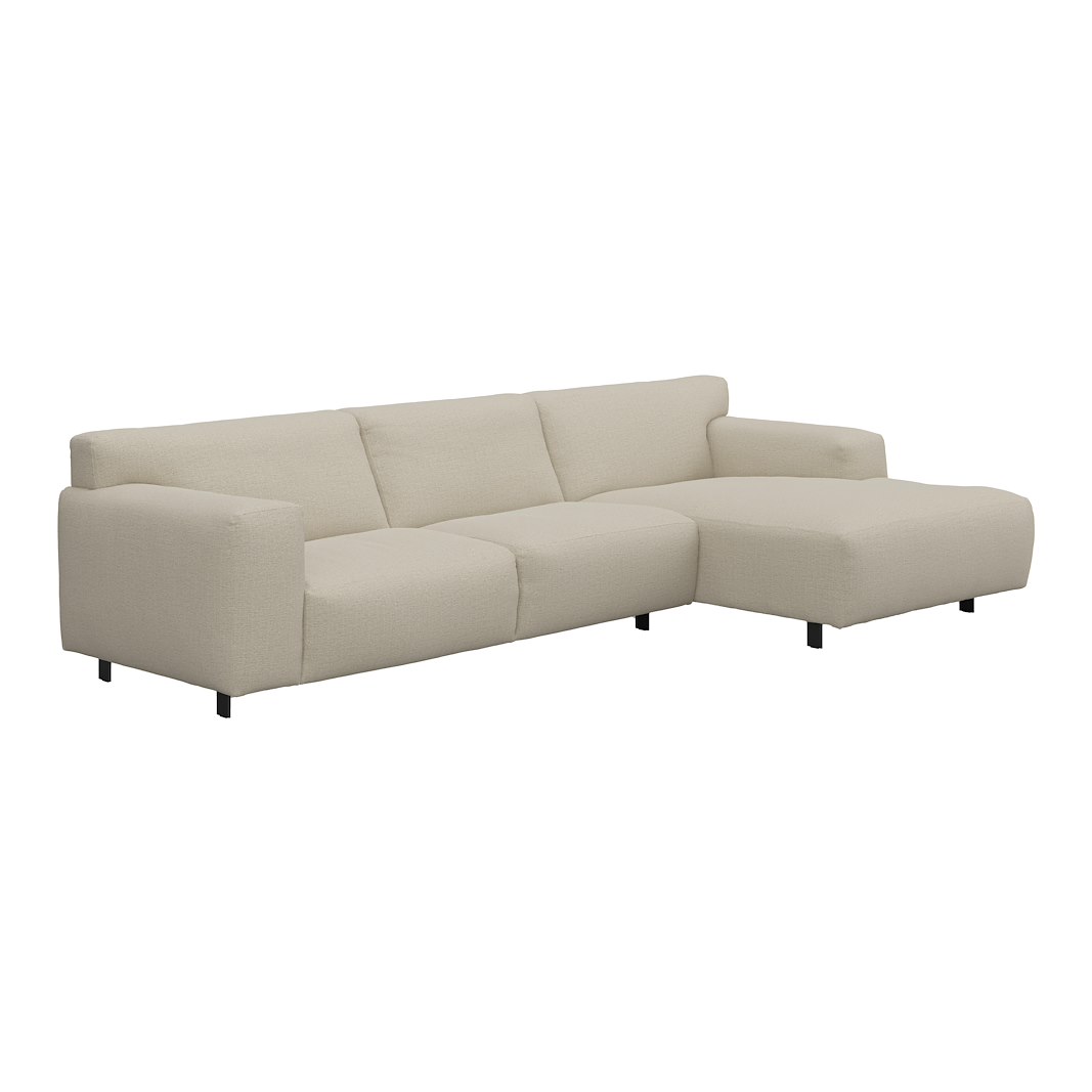 Vesta 2,5-seter med sjeselong høyre I Tekstil Cortina Sand, standardsøm, sort metallben 10 cm, Comfort CM