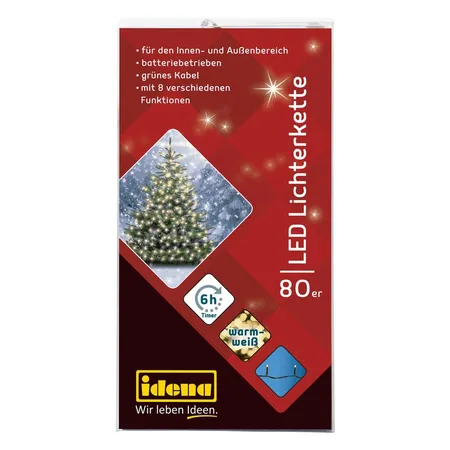 Idena 80er LED Lichterkette, warmweiß, innen und außen, 8 Funktionen, batterieb., Timer