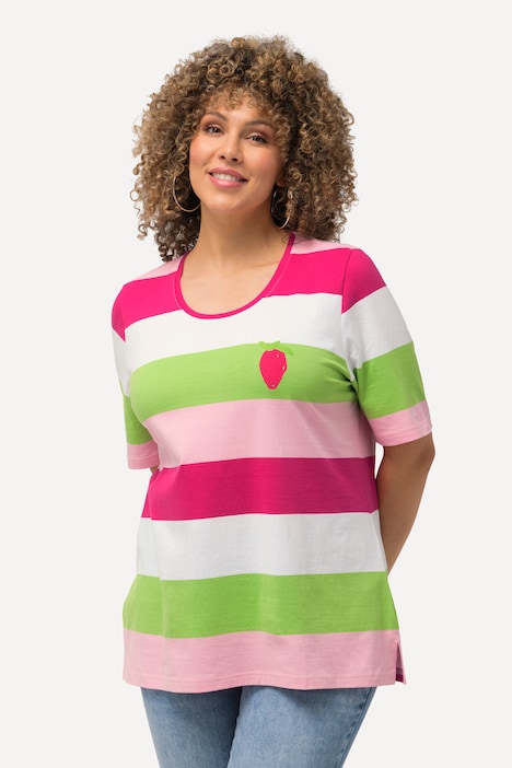 T-Shirt, Ringel, Stickerei, Rundhals, Halbarm