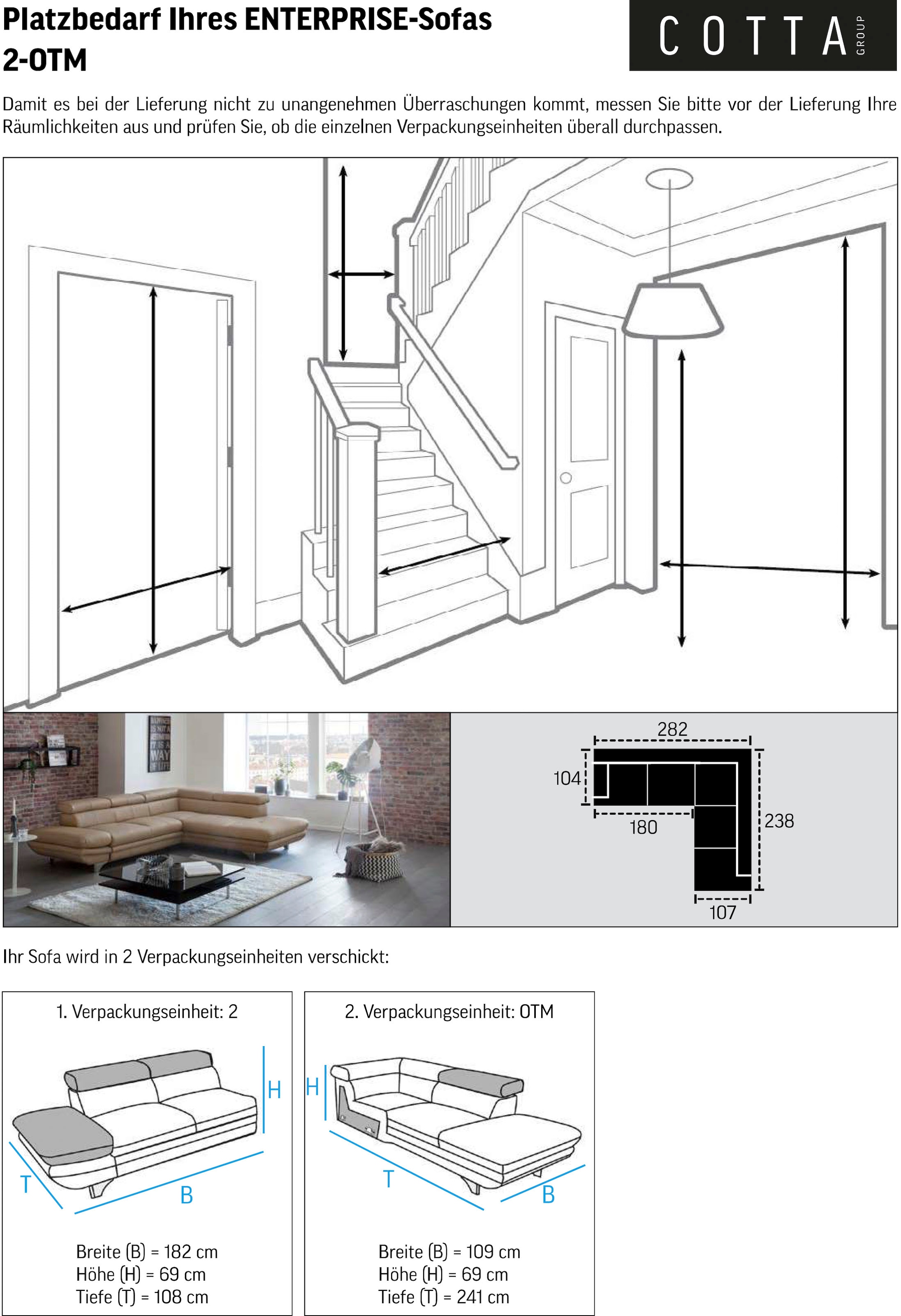 COTTA Ecksofa »Enterprise L-Form« mit Arm- & Kopfteilverstellung, wahlweise mit Bettfunktion