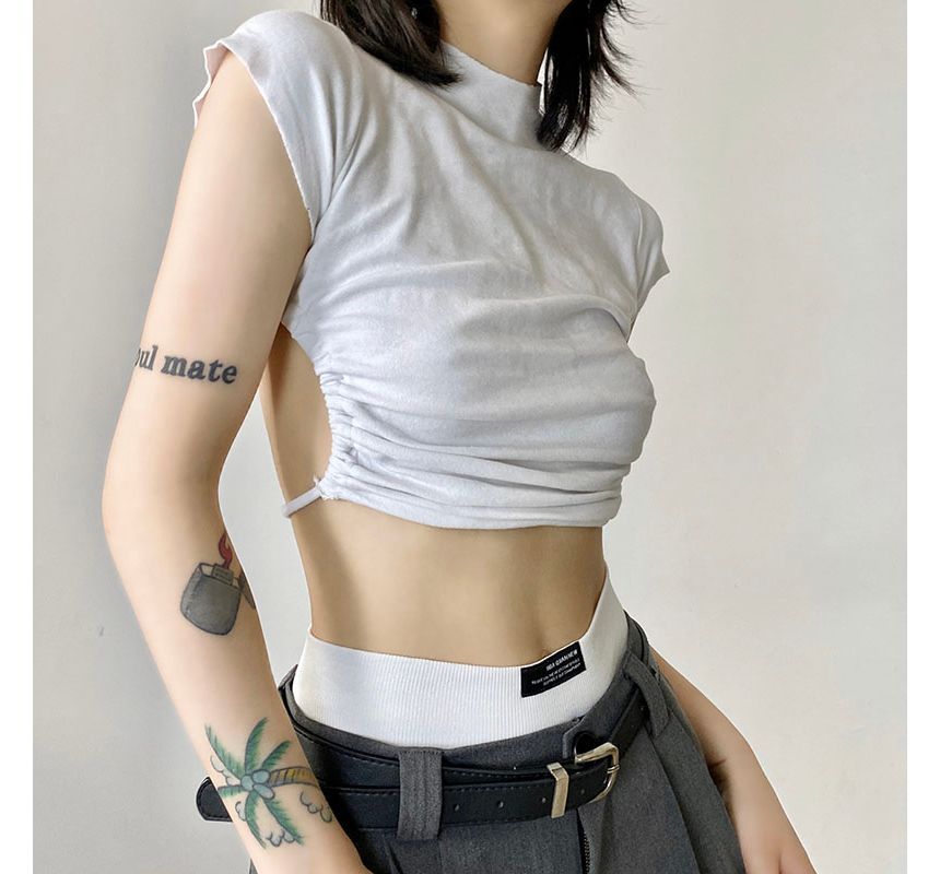 GAGAO - Cropped T-shirt met capuchon, effen kraag, trekkoord en rugloze zoom