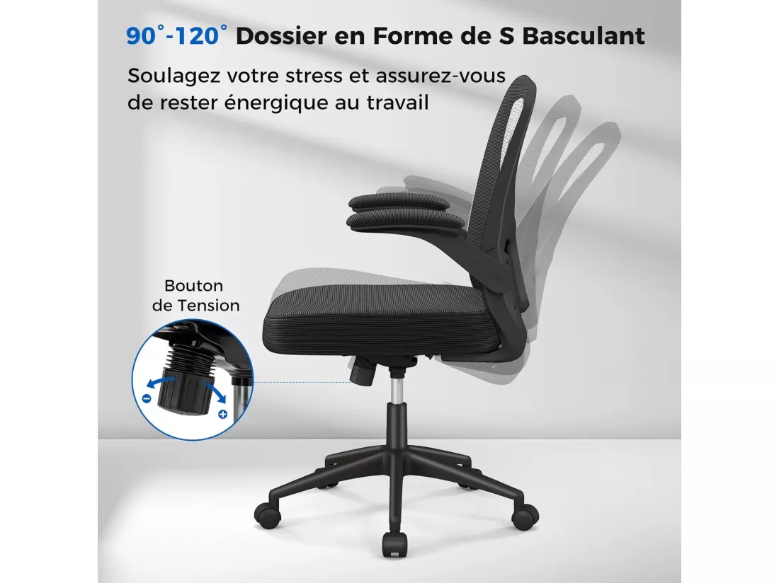 Chaise de Bureau Ergonomique, Chaise Pivotante avec Accoudoirs Escamotables, Soutien Lombaire Réglable et Dossier Basculant de 90° à 120°, pour Bureau, Chambre, Noir