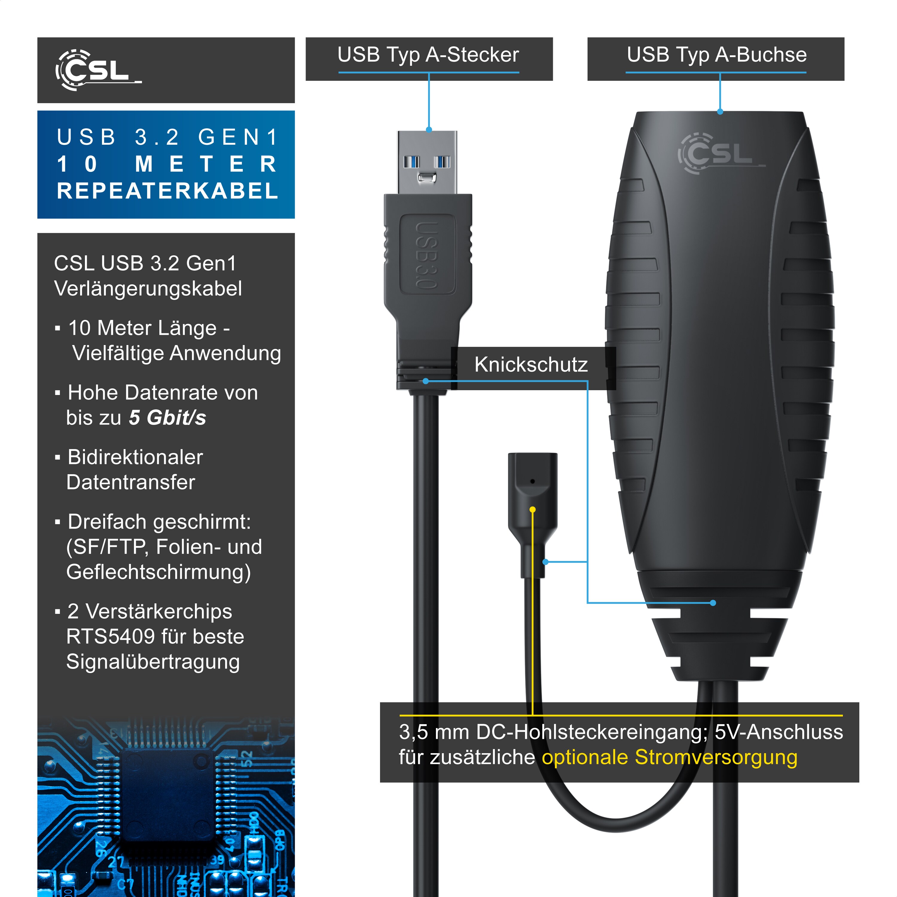 CSL 10m USB 3.2 Repeaterkabel Verlängerungskabel aktiv - USB 3.2 Gen1 - Repeater Verlängerung Verstärker Kabel