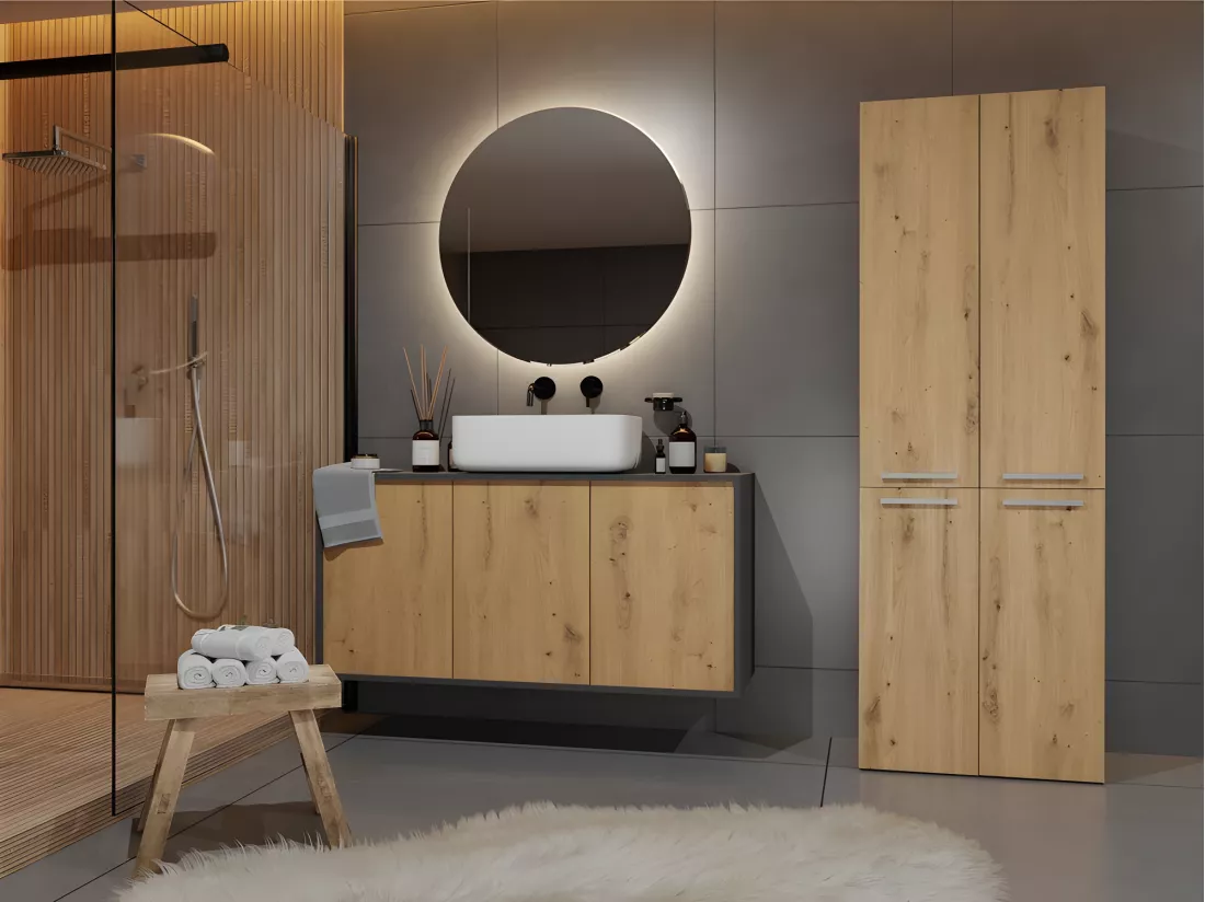 ELLOS - Armoire de salle de bain 2 paniers à ligne - Rangement sdb - 174x60x30 - Meuble colonne