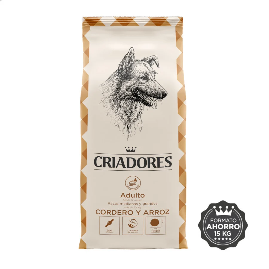 Ração para cães adultos da marca Breeders, feita com cordeiro e arroz, para raças médias e grandes.