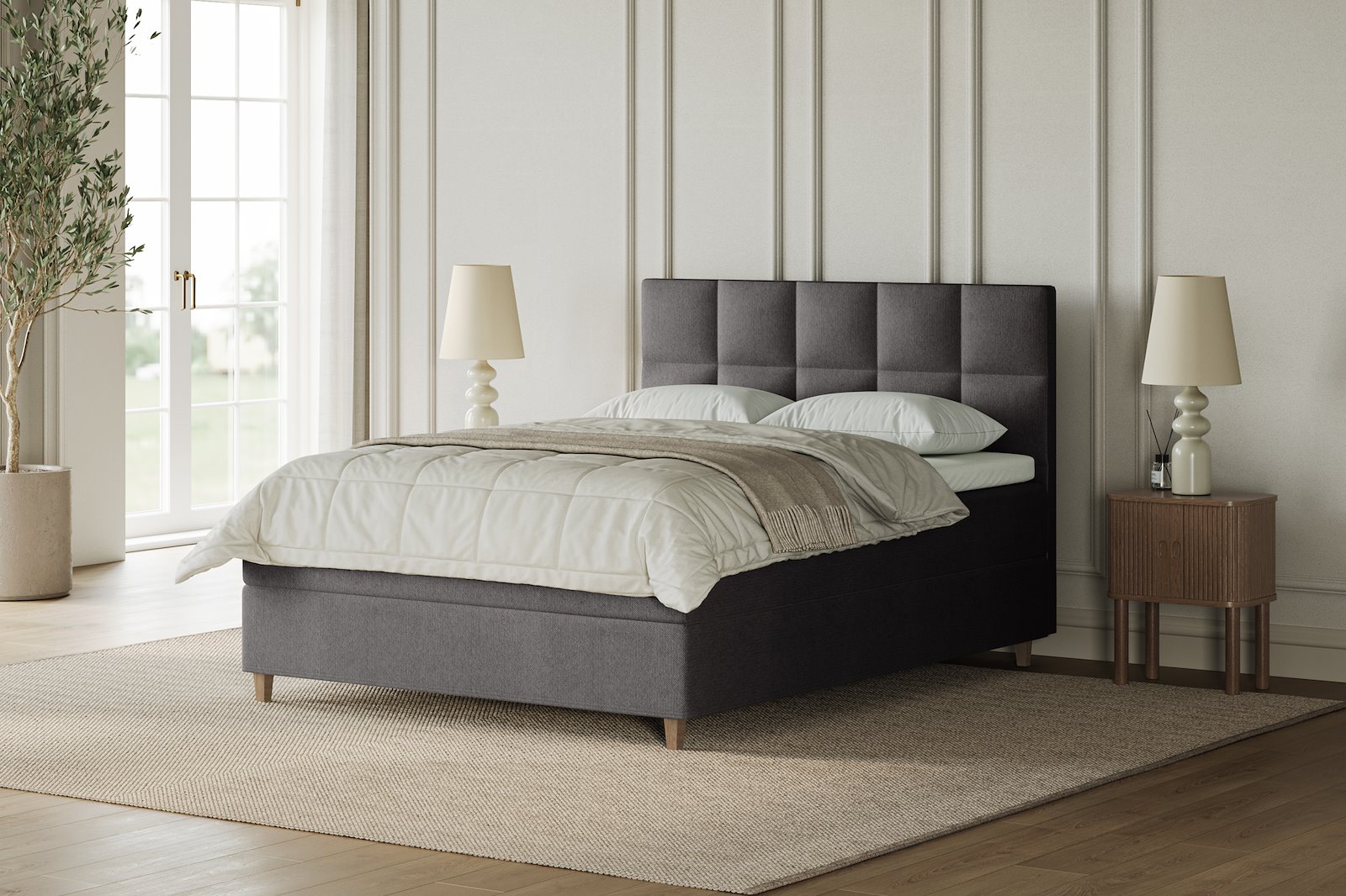 XOV Venus Kontinentalseng 180x200 cm i tekstil storm 97 grå, medium/medium med Premium 15 overmadrass og sort firkantede ben, gavl selges separate