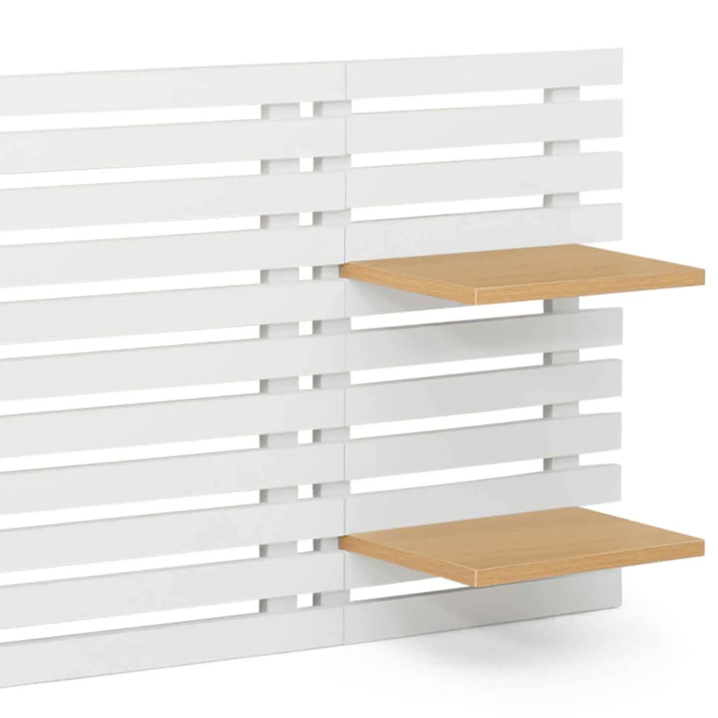 Tête de lit suspendue en lattes AVA 240 cm bois blanc et étagères façon hêtre