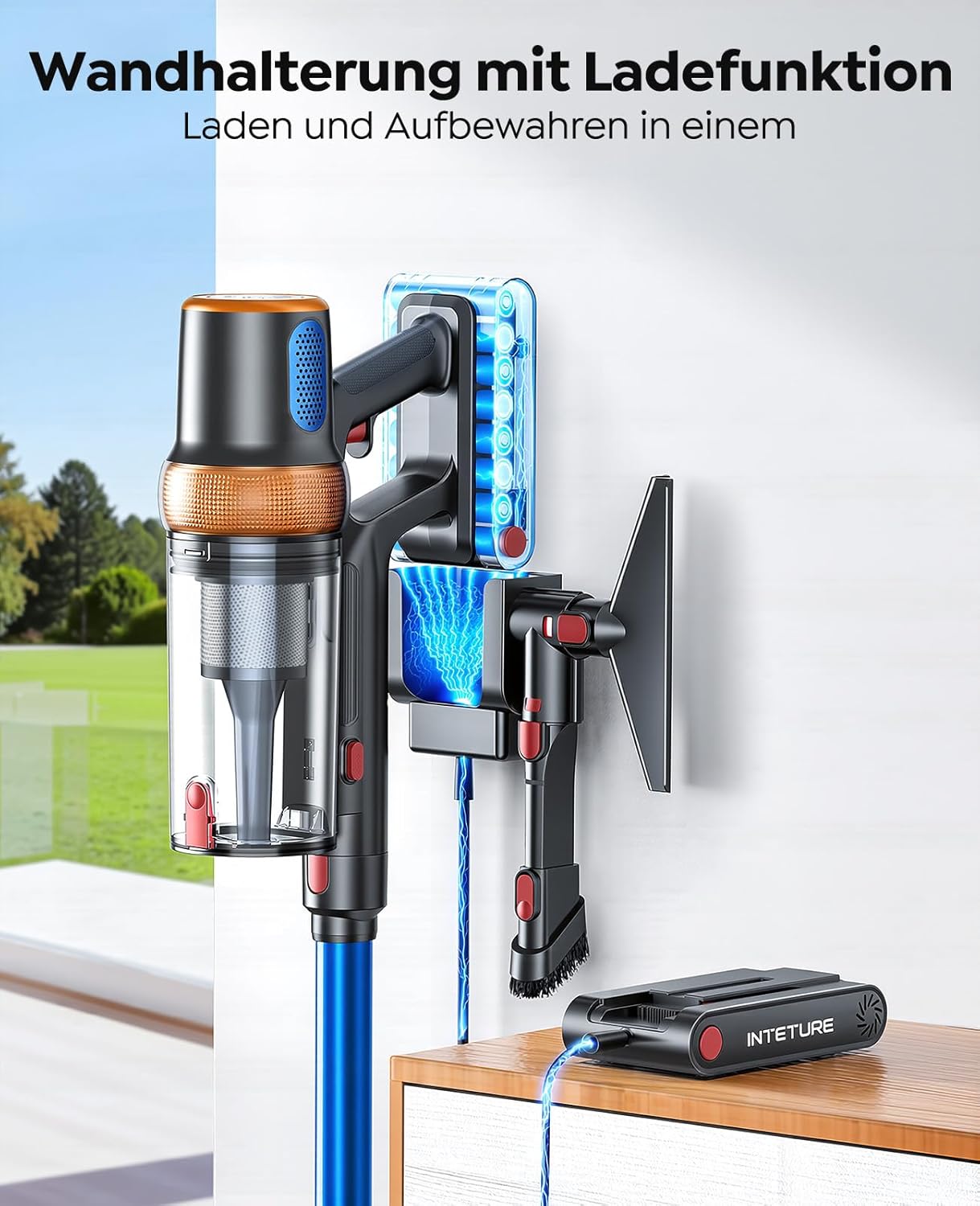 Akku Staubsauger 600W/50KPA/65Min,Selbststehender Staubsauger Kabellos mit Matratzenreinigungsbürste,Automatikmodus,Wandladestation,Duftfunktion,Mehrstufige Filtration für Teppiche/Hartböden/Auto