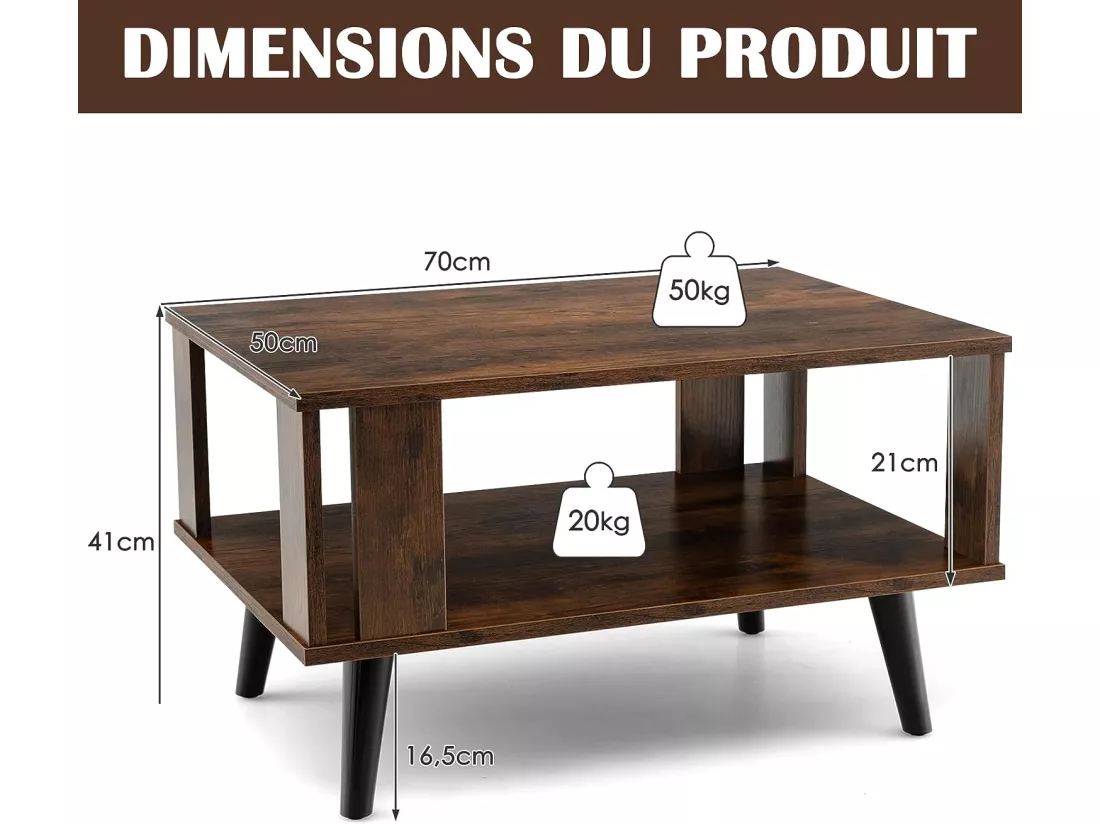Table basse à 2 niveaux, table d'appoint industriel 4 jambes patins antidérapants 70 x 50 x 41 cm