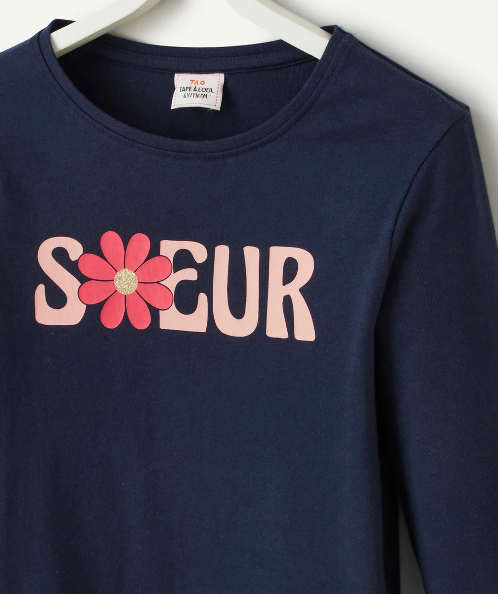 T-SHIRT FILLE EN COTON BIO BLEU MARINE AVEC MESSAGE SOEUR ROSE