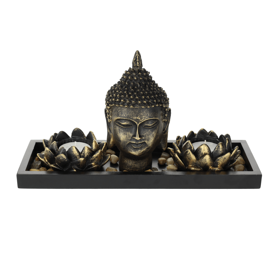(7-tlg. Set) Buddha Zen Garten Home Deko mit Lotus Blumen Teelicht Halter