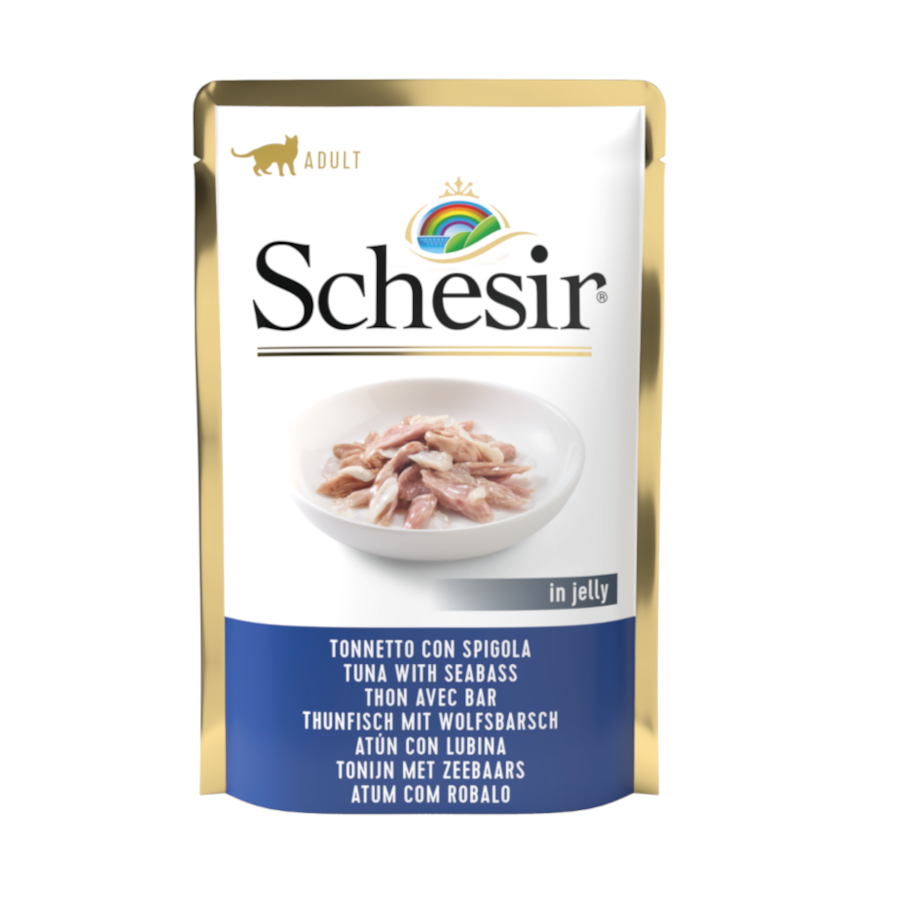 Sachê de 85g de atum adulto Schesir com robalo para gatos.