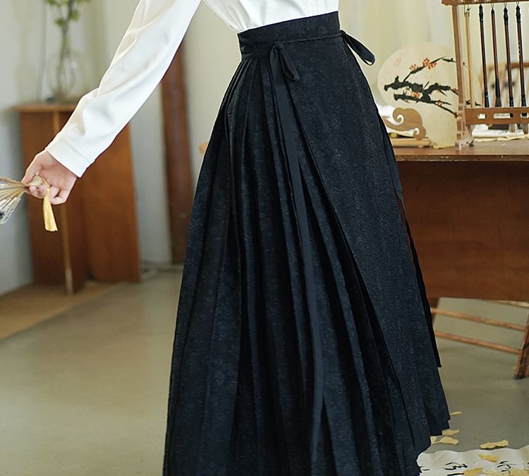 Fioridi - Bandkraag Hanfu Top / Midi A-lijn Rok met Middelhoge Taille