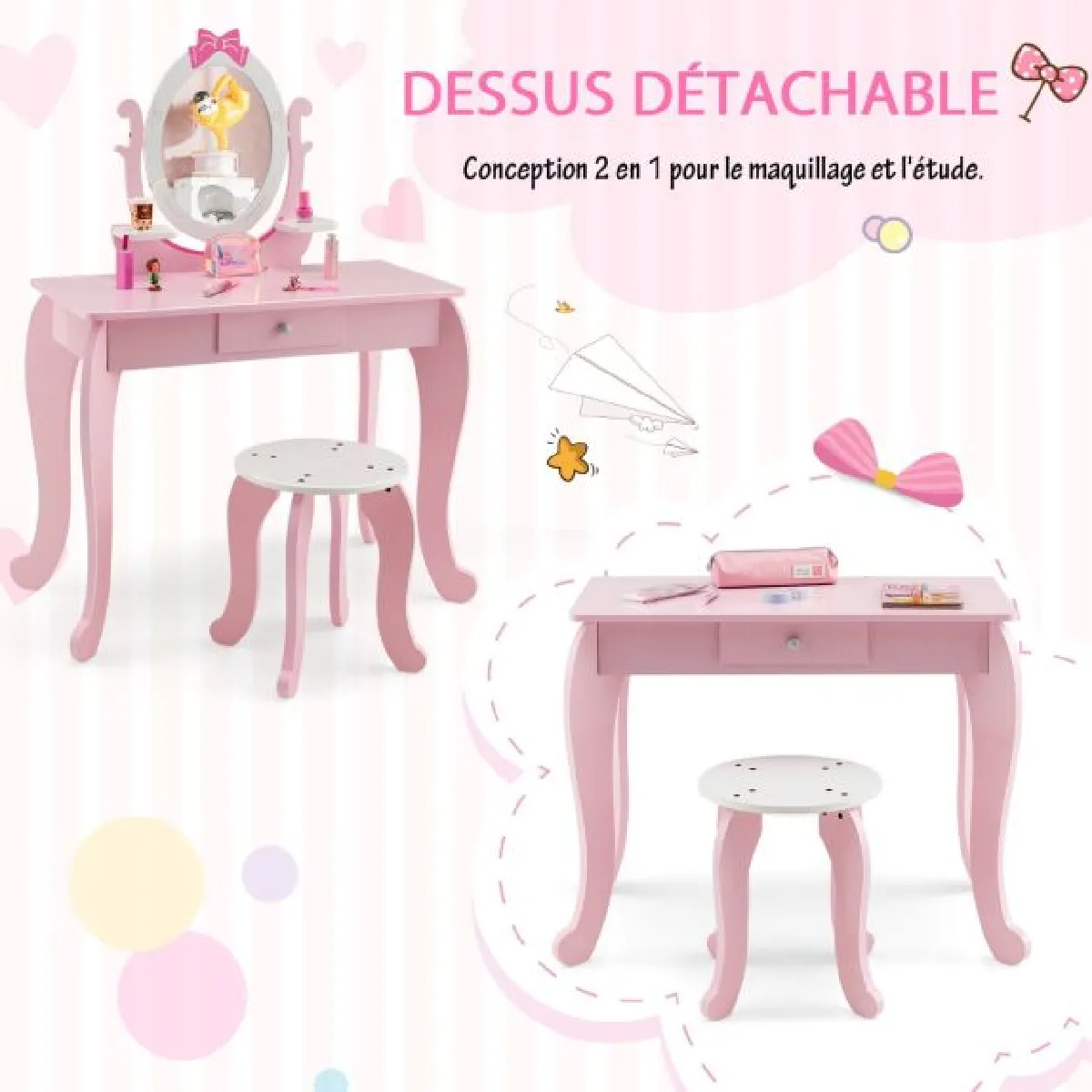 Coiffeuse enfant rose Helloshop26 avec miroir rotatif