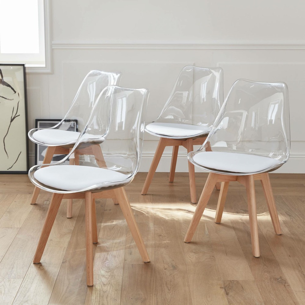 Lot de 4 chaises scandinaves - lagertha - pieds bois. Fauteuils 1 place. Coussin blanc. Coque transparente