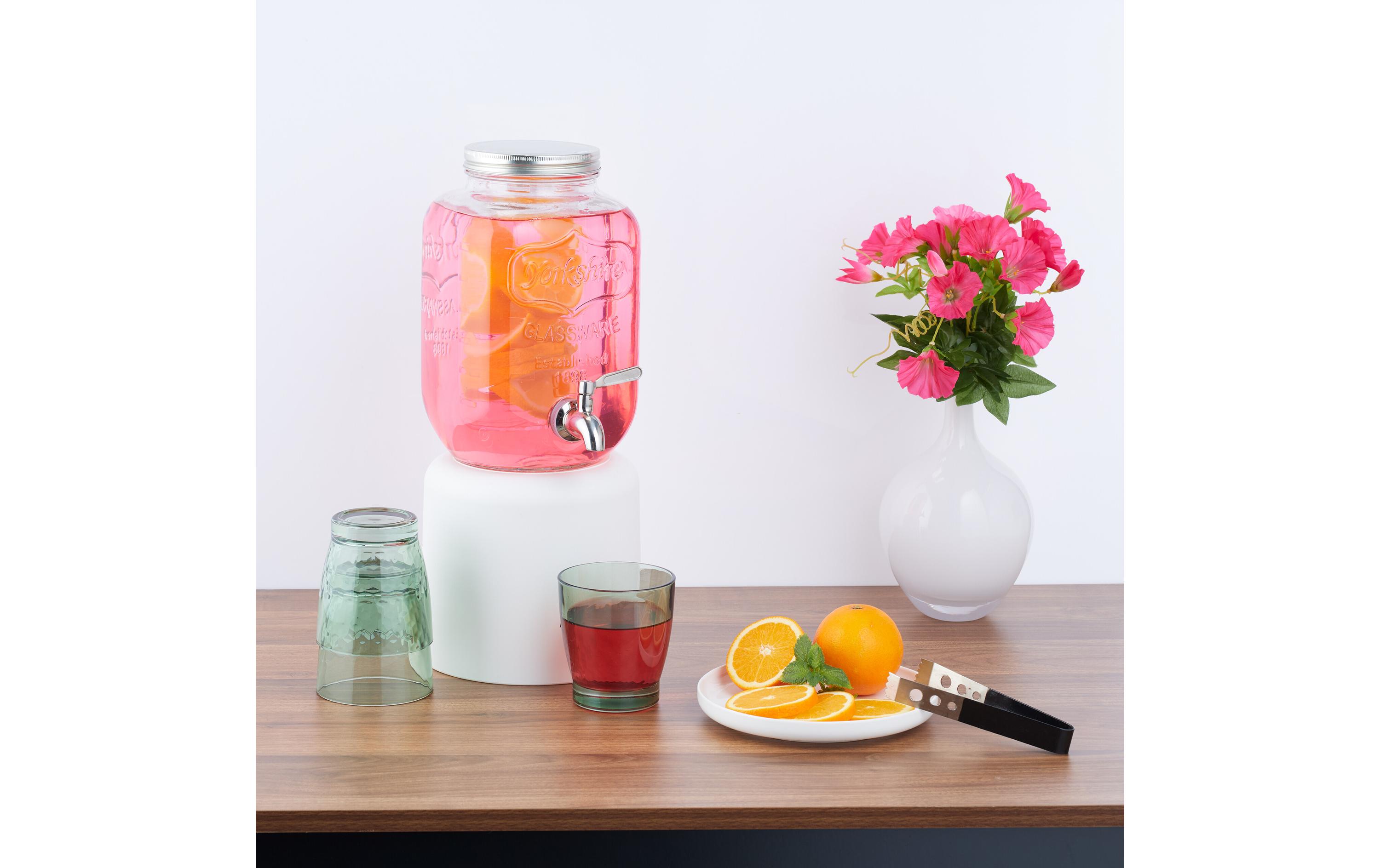 Getränkespender mit Fruchteinsatz 4 LiterRetro-Trinkspender aus Glas