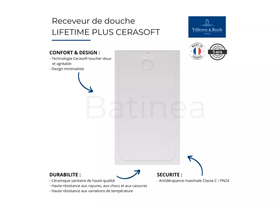 Receveur de douche antidérapant 120 x 80 VILLEROY ET BOCH Lifetime Plus Cerasoft céramique blanc