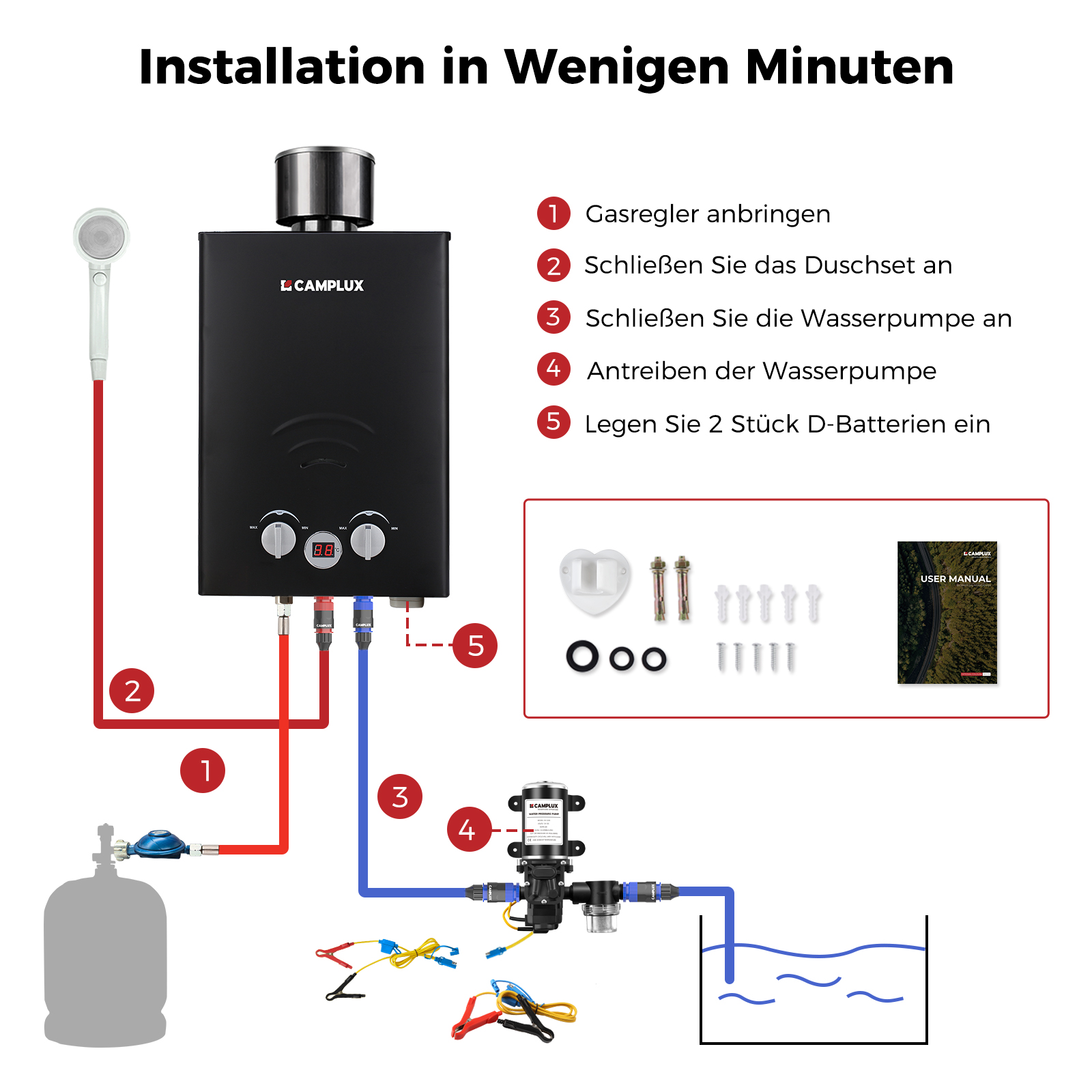 Camplux BW158 6 liter gieser met pomp en regenkap - 50 mbar