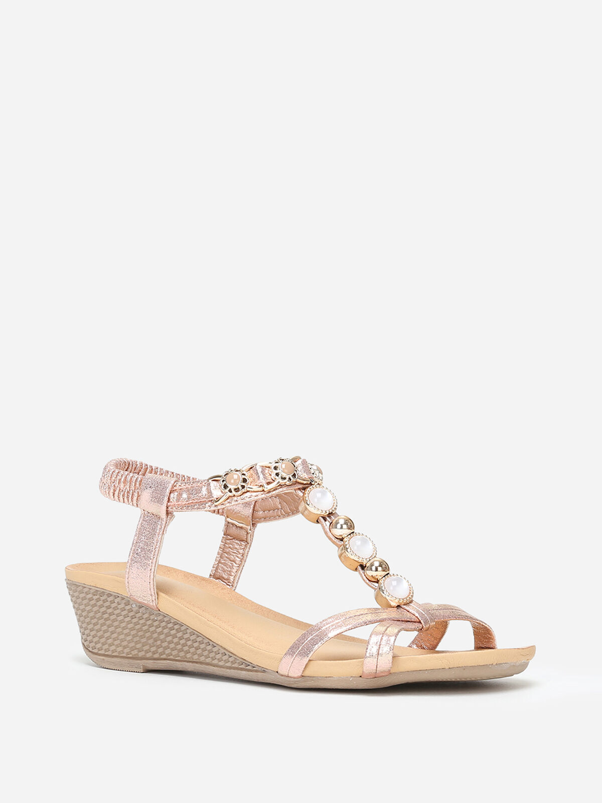 Sandales compensées rose doré à perles dorées Doré rose- Doré rose