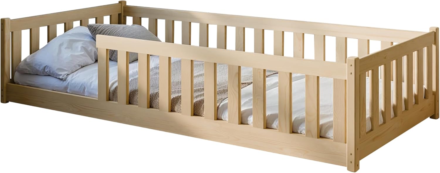 Kids Collective Kinderbett Bodenbett 90x200 cm mit Rausfallschutz & Lattenrost Montessori Bett Bed Gitterbett Kinder Jugendbett Einzelbett | Natur | von 4. bis 18. Lebensjahr