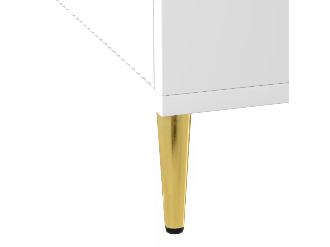 Meuble TV design élégant avec rayures verticales blanc façade poignées dorées avec 2 tiroirs L170 cm DERLA