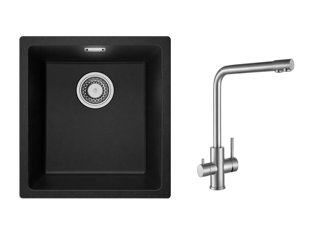 Evier 1 Bac en Quartz et Résine, 3 Options de Montage, 40*44*20cm + Mitigeur Cuisine pour Sstème D'osmose