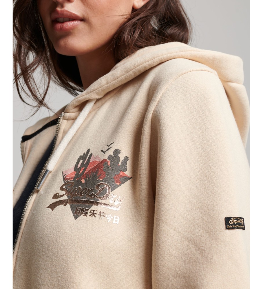 Moletom com zíper Superdry Vintage Logo Narrative na cor bege
