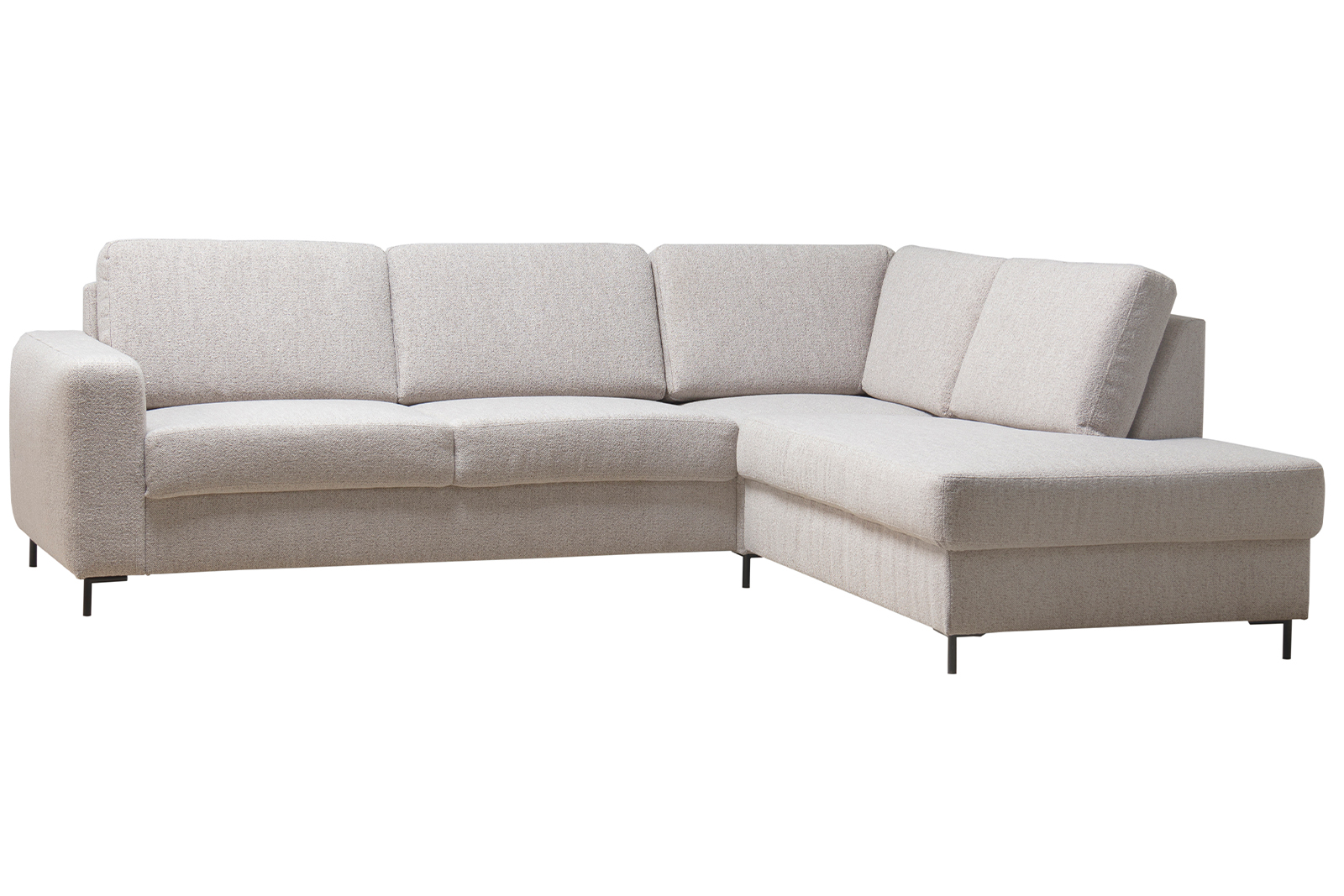 Construct hjørnesofa 2,5-seter med åpen ende høyre i tekstil Monza 60 beige, med Talida arm, medium front, skumkomfort og sorte metallben nr 9