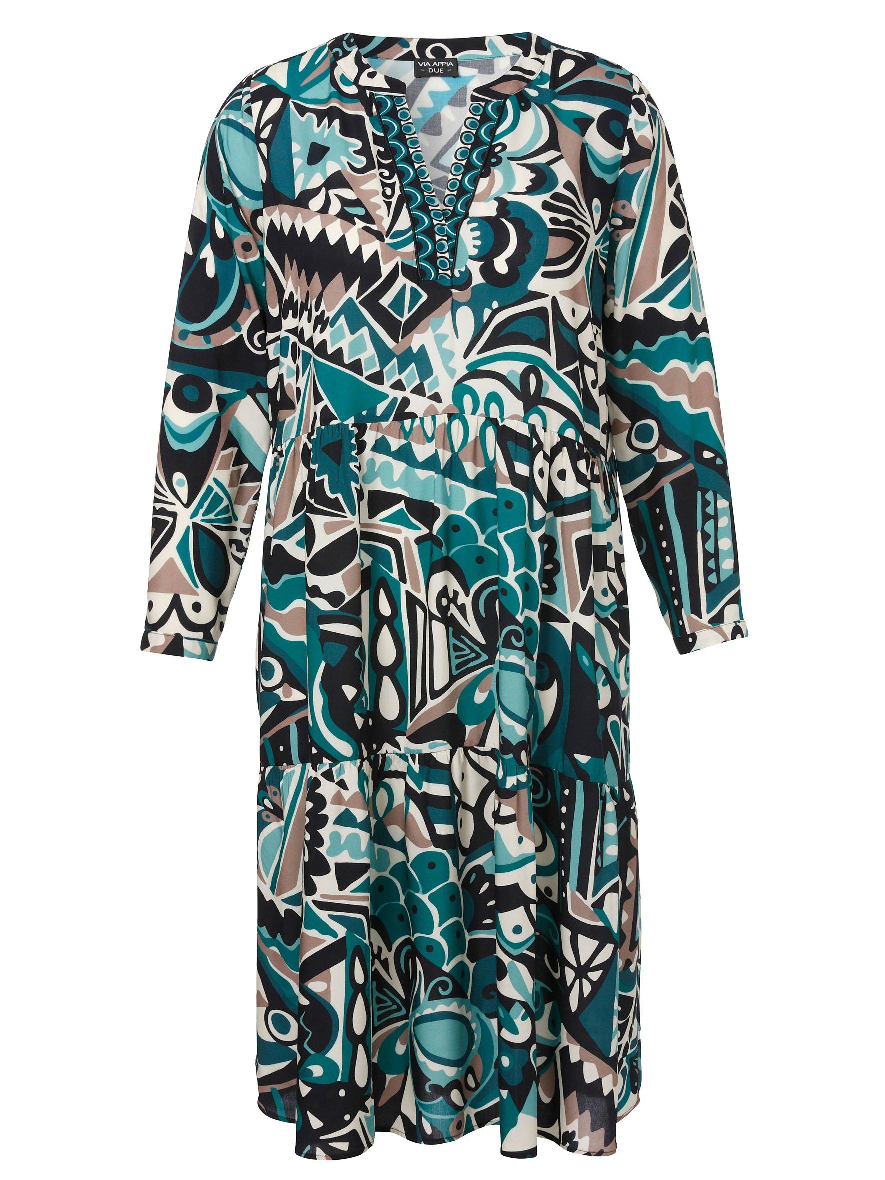 Langes Stufenkleid mit Alloverprint und V-Ausschnitt