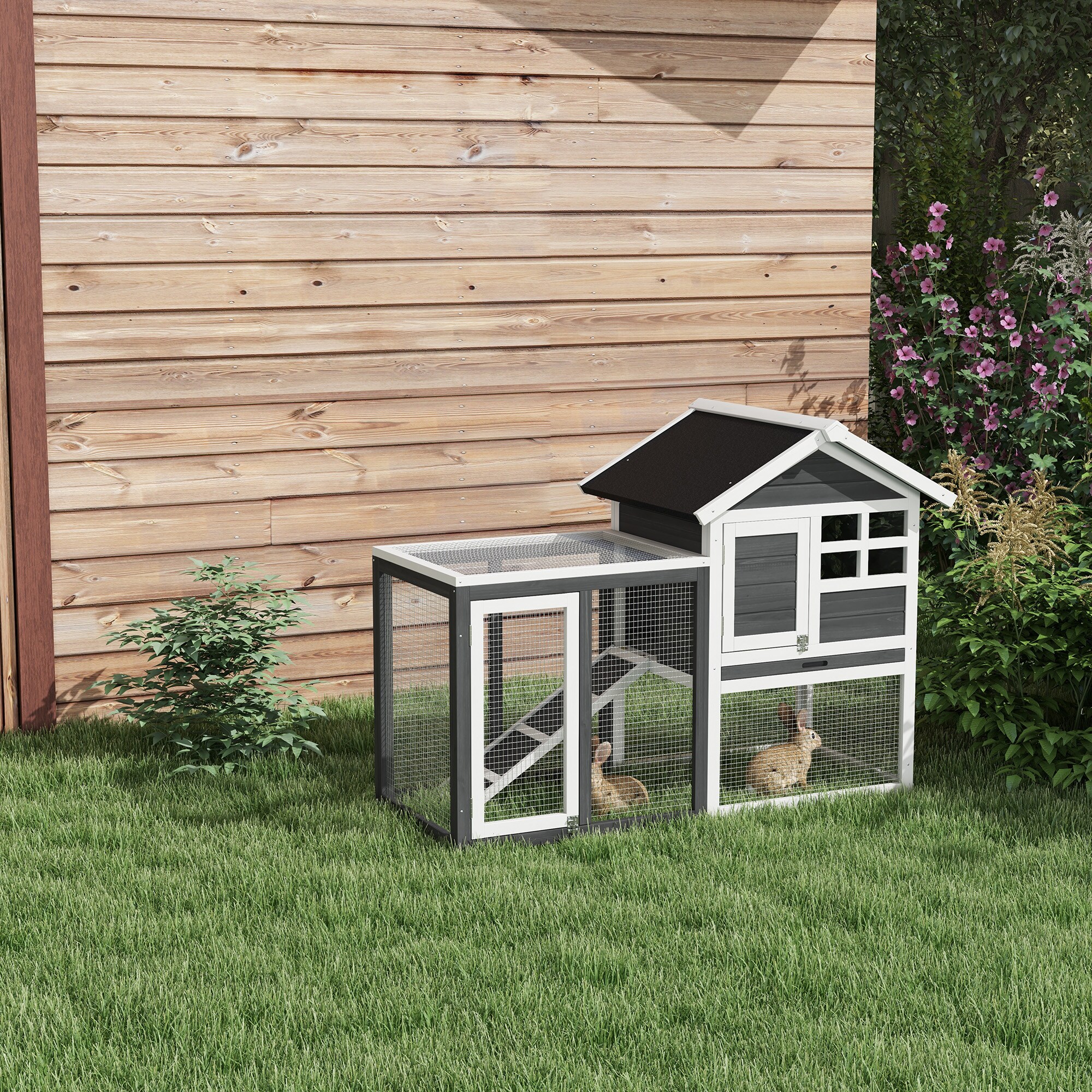 PawHut Kleintierkäfig mit Asphaltdach weiß, grau 122L x 62,6B x 92H cm