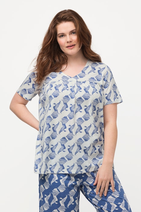 Pyjama-Shirt, Tauben, V-Ausschnitt, Halbarm, Biobaumwolle