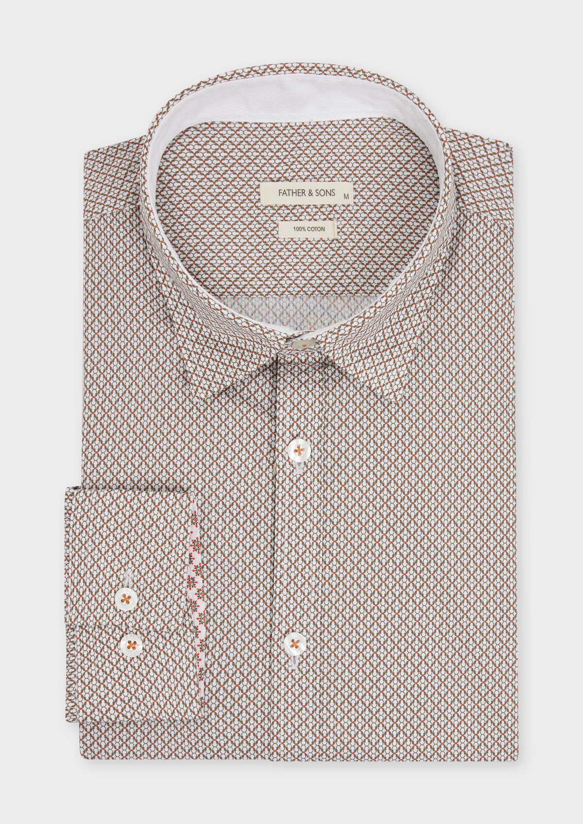 Chemise sport Slim en popeline de coton blanc à motif fantaisie rouge et kaki