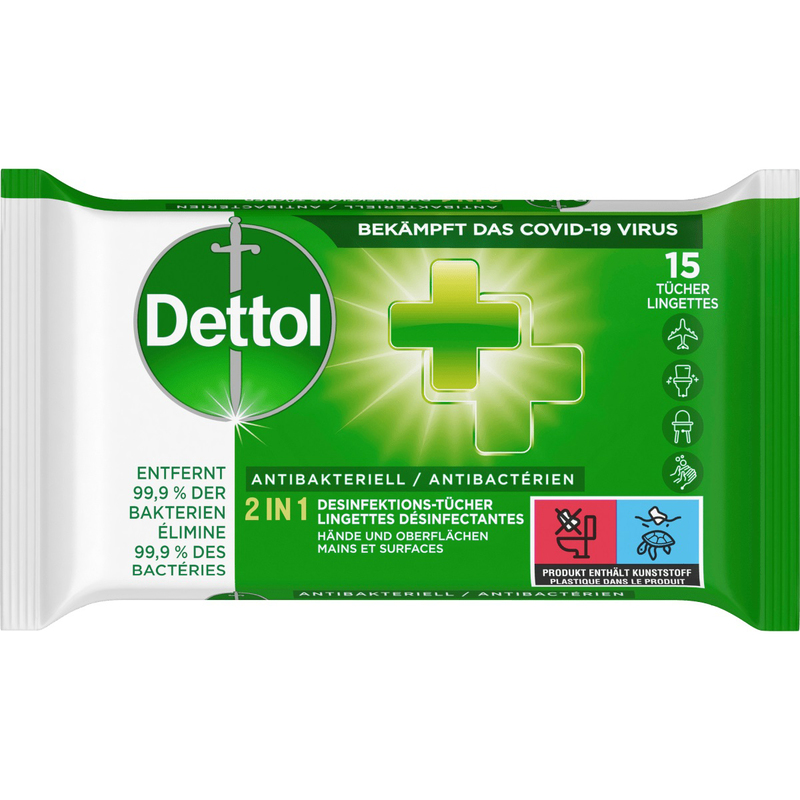 Dettol Antibakteriell 2in1 Desinfektions-Tücher, 15 Stück
