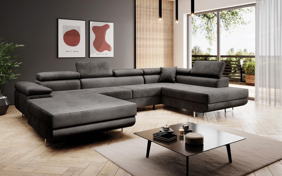 Luxusbetten24 Designer Sofa Lago mit Stauraum und Schlaffunktion | Bezug: Samt | Farbe: Anthrazit | Stellvariante: Rechts