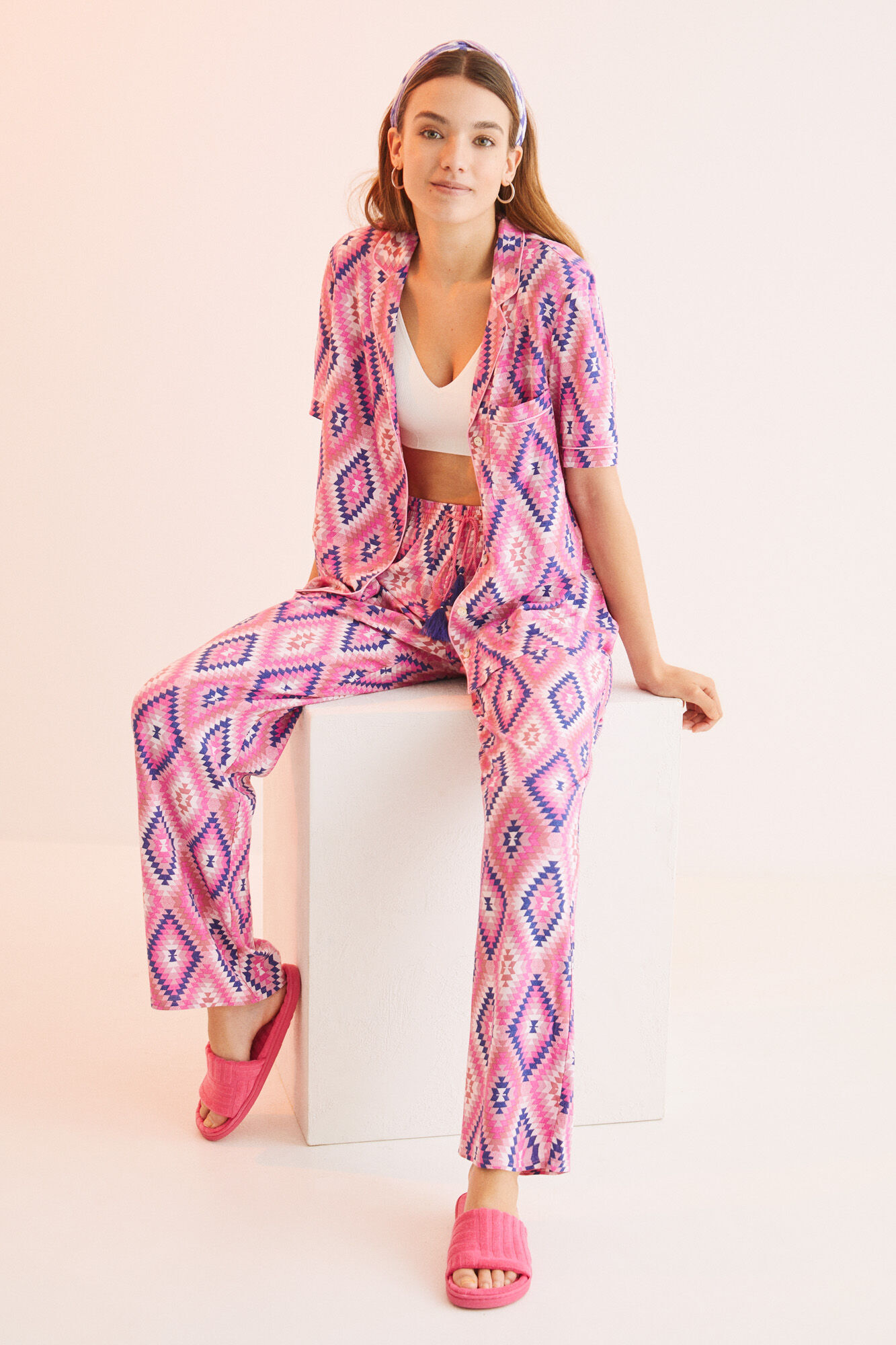 Pijama camisero estampado étnico - rosa