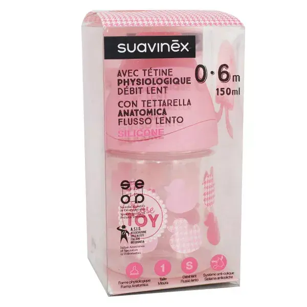 Suavinex Biberon Silicone Physiologique Canard Rose Débit Moyen 0-6m 150ml
