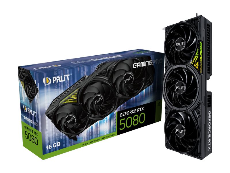 Palit Grafikkarte GeForce RTX 5080 GamingPro V1 16 GB Gamer-Grafikkarte mit 16 GB GDDR7-Speicher, ermöglicht Auflösungen bis zu 8k