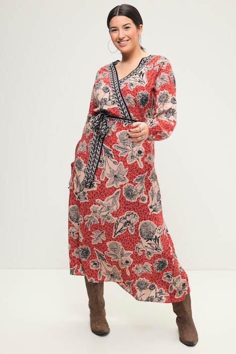 Maxikleid, A-Line, Flowerprint, V-Ausschnitt, Langarm