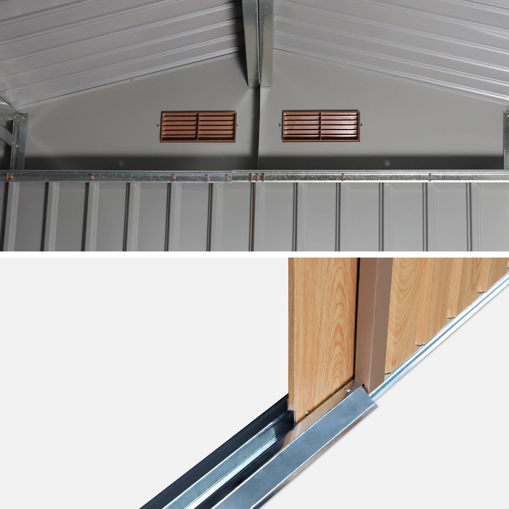 Abri de jardin en métal - ferrain 5.29m² couleur chêne - cabane à outils avec deux grandes portes coulissantes. Kit de fixation sol