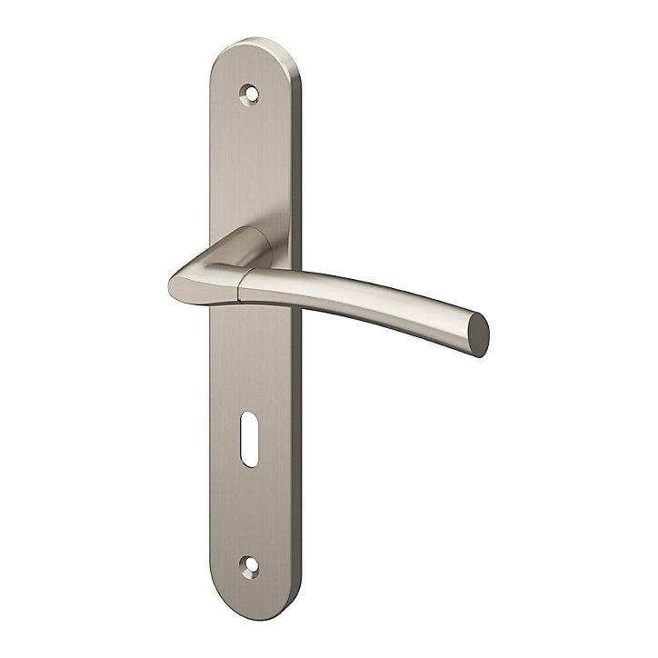 Ensemble poignée sur plaque rond serrure GoodHome Hirel effet nickel satin gris L.128mm x l.40mm entraxe 195mm