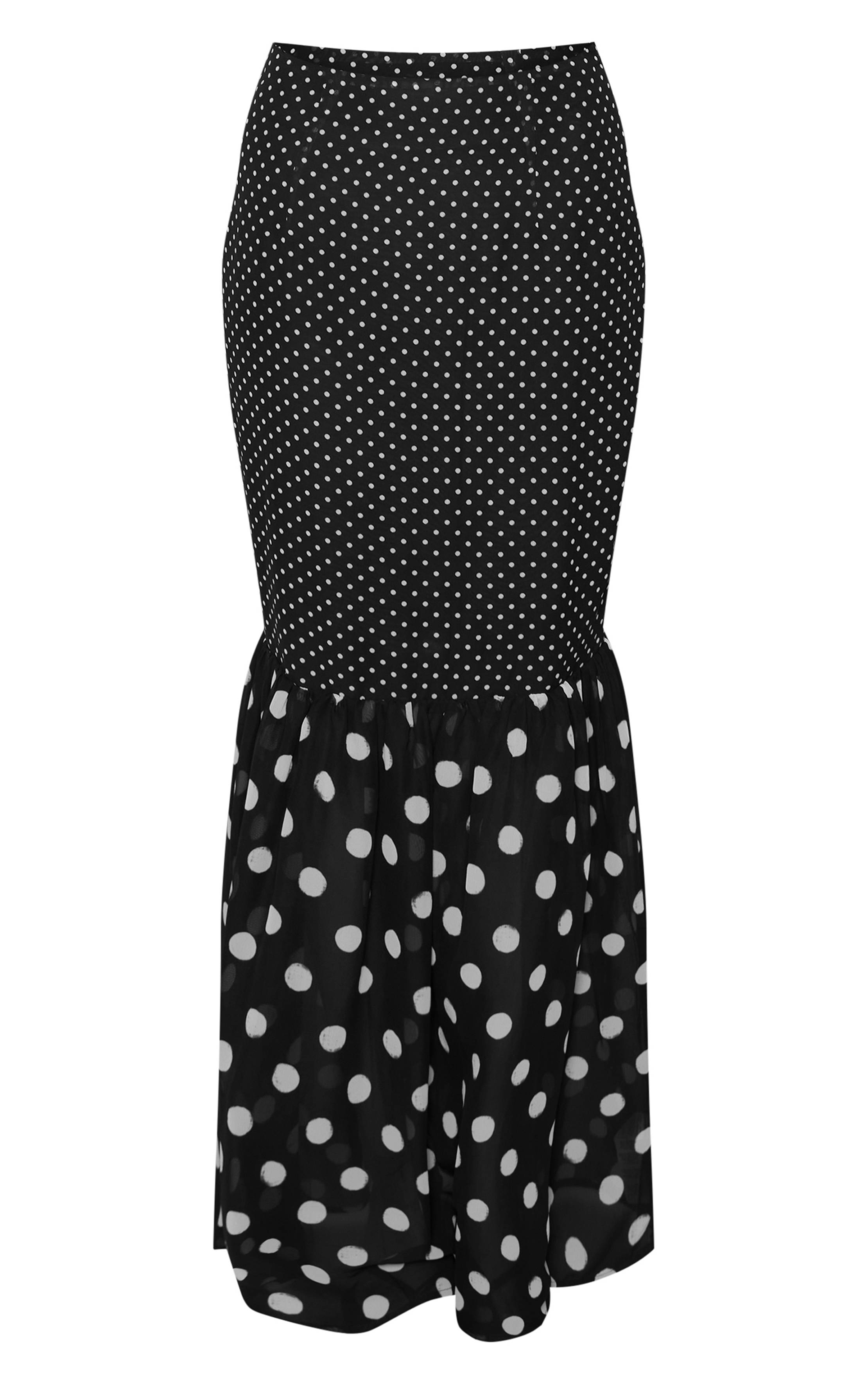 Noir Ensemble Jupe Longue À Pois Multicolores En Mousseline Avec Contraste Et Volant Asymétrique