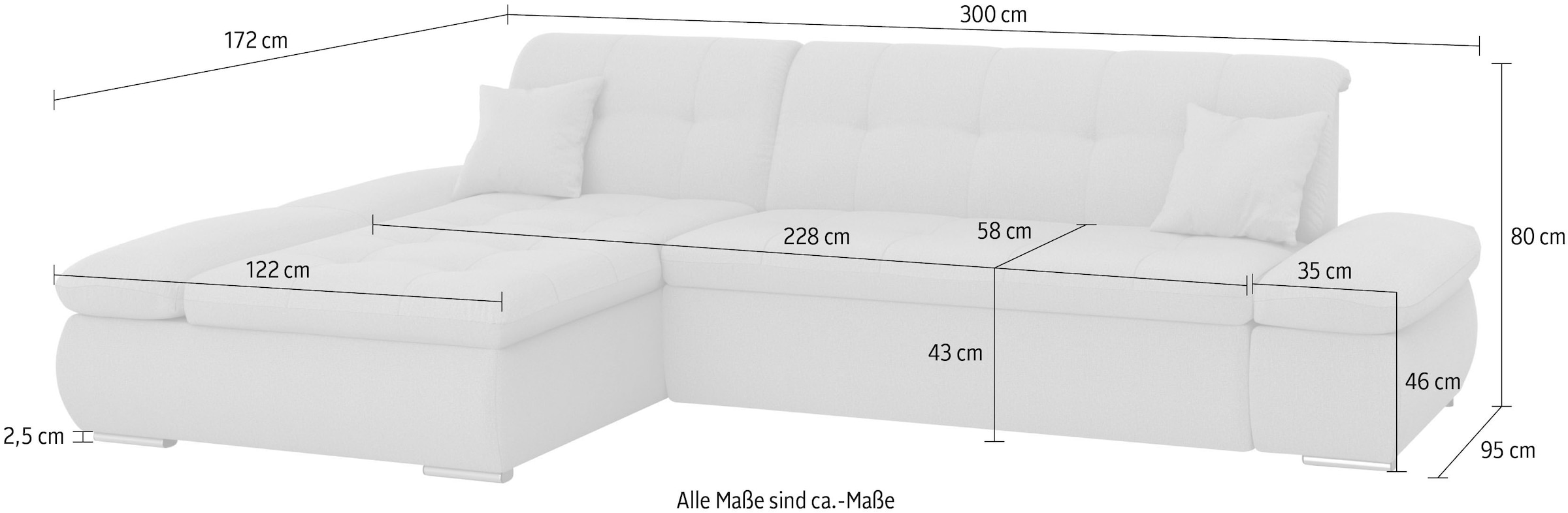 DOMO collection Ecksofa »Moric, L-Form, XXL-Sofa - Breite 300cm, viel Platz, auch in Cord« wahlweise mit Bettfunktion und Armteilverstellung, Cord