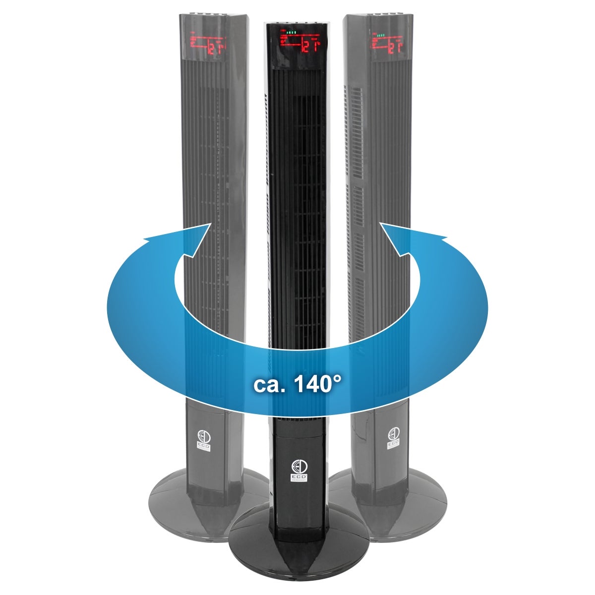 ECD Germany Torenventilator met LED-display en afstandsbediening XL, 45W, 116 cm, zwart, met 3 snelheidsstanden en ventilatiestanden, 140° oscillatie, staande ventilator, kolomventilator