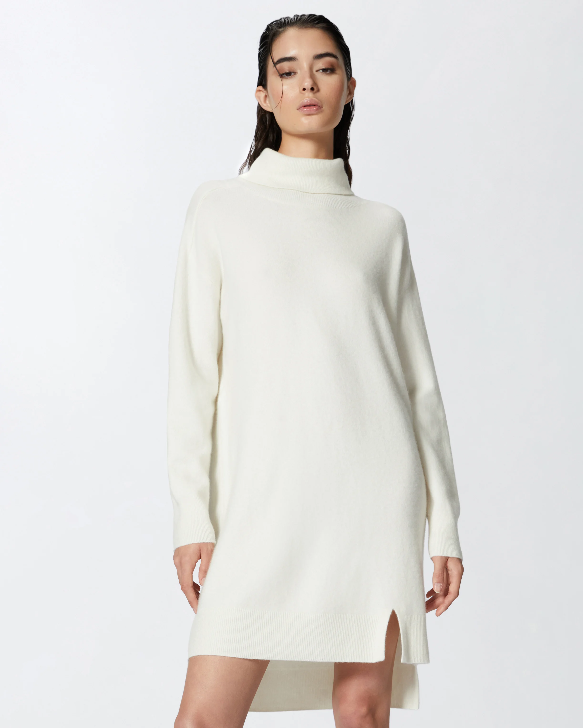 Robe à col roulé mélangé fendue sur le devant | Blanc