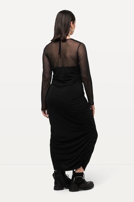 Maxikleid, Mesheinsatz, Slim, V-Ausschnitt, Langarm