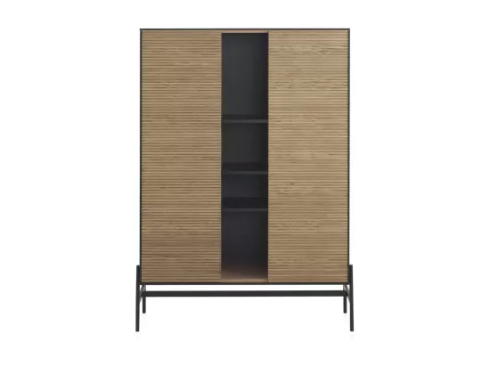 Vitrine plaquée en frêne noir avec portes en couleur naturelle