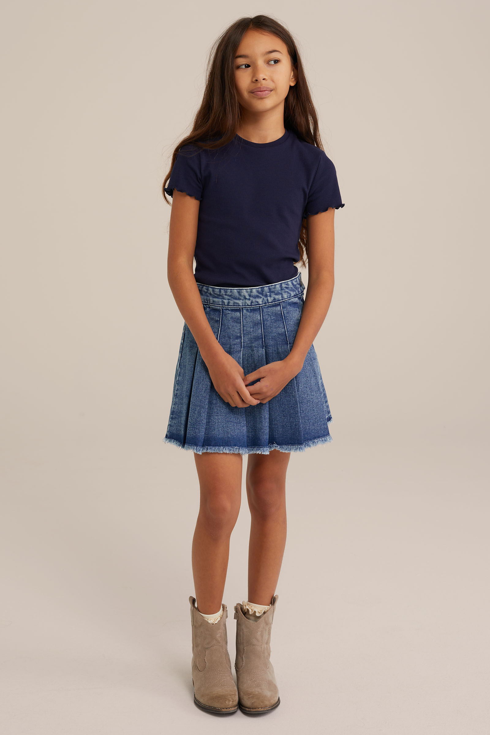 Meisjes T-shirt met ribstructuur WE Fashion Marineblauw