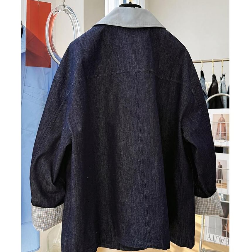 Fluffush - Denimjack met contrasterende kraag, geruit paneel en knoopsluiting